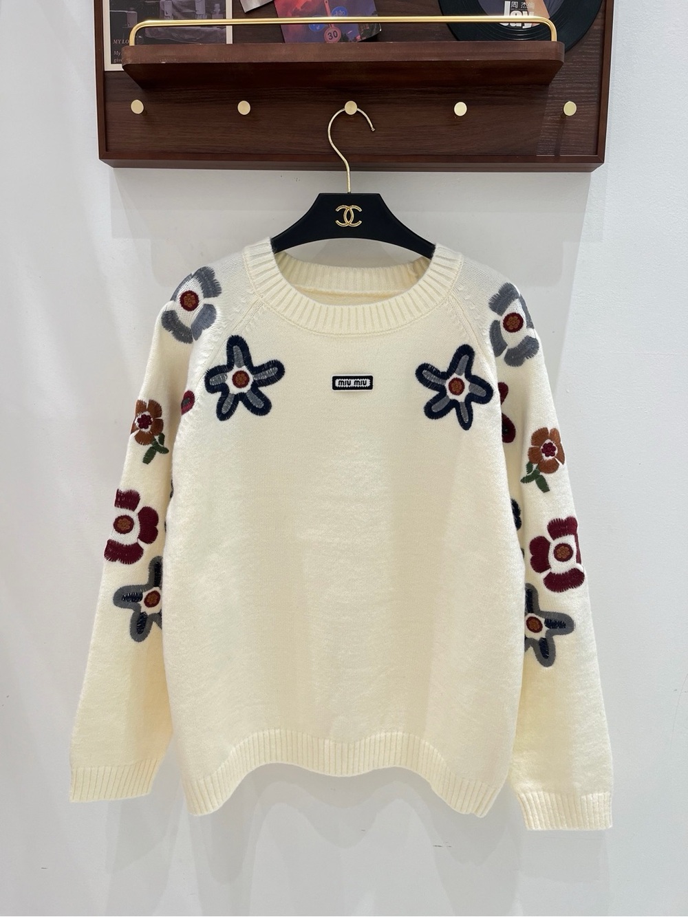 Miu Miu Cream Sweater with Multicolor Floral Embroidery